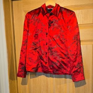 Red Satin Floral-Print Button-Front Blazer Jacket